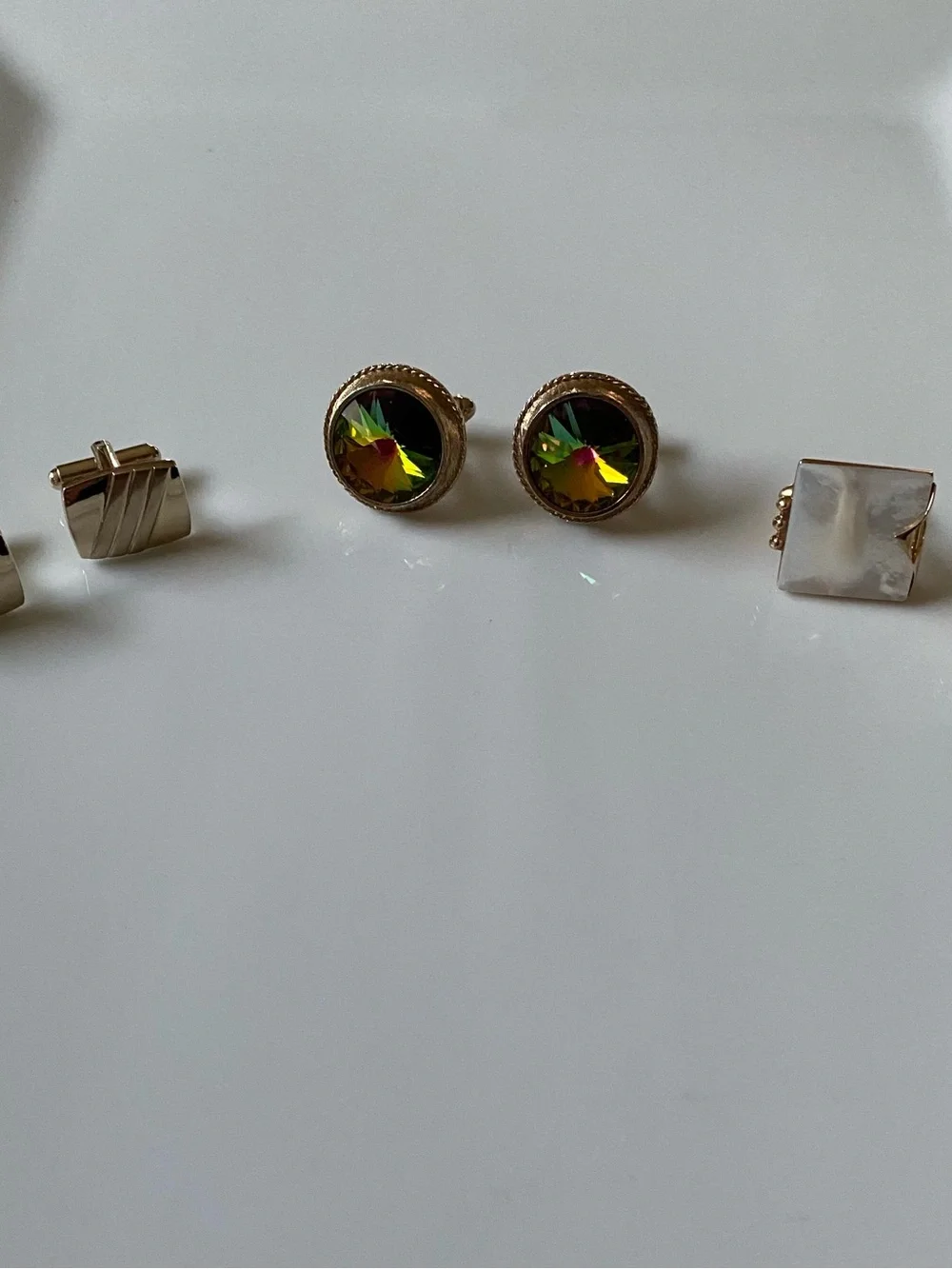 3 sets of Cuff Links. Gold tone, Dante Watermelon & Swank Mother of Pearl